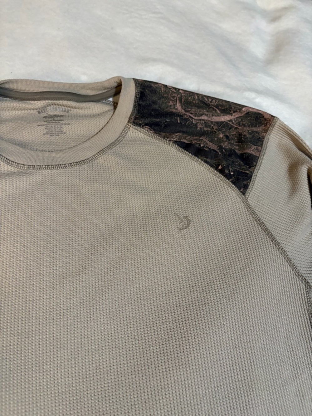 Reel Legends Men's Long Sleeve Crewneck in Light Tan with Dark Camo Shoulder